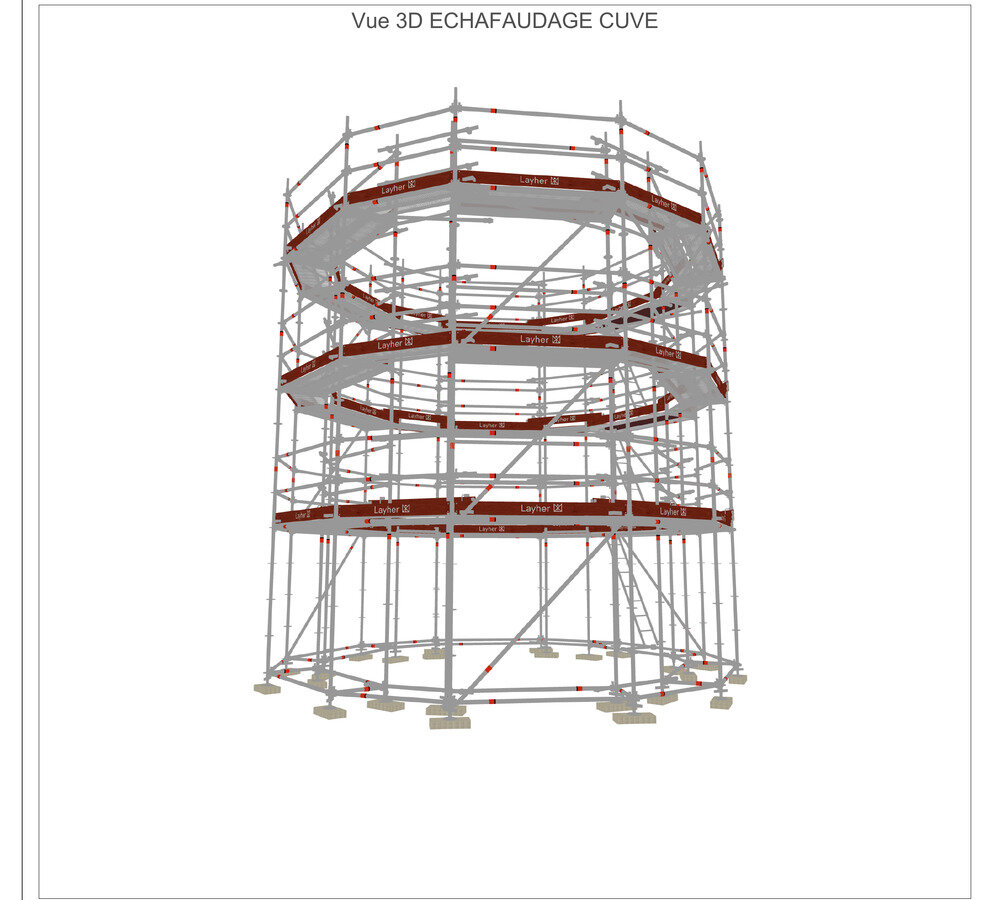 Vue 3D d'un échafaudage circulaire pour cuve, plan technique Layher