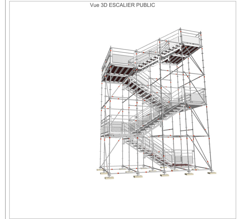 Vue 3D d'un escalier public d'échafaudage, plan technique Layher
