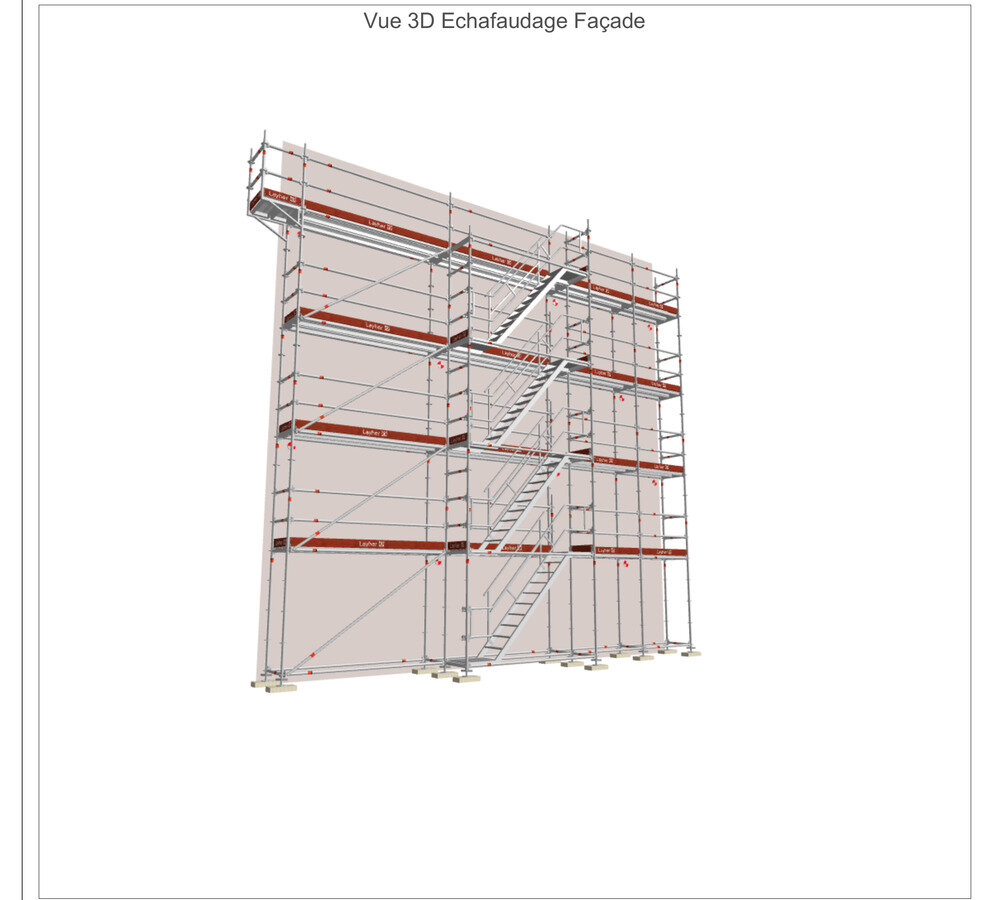 Vue 3D d'un échafaudage de façade, plan technique Layher
