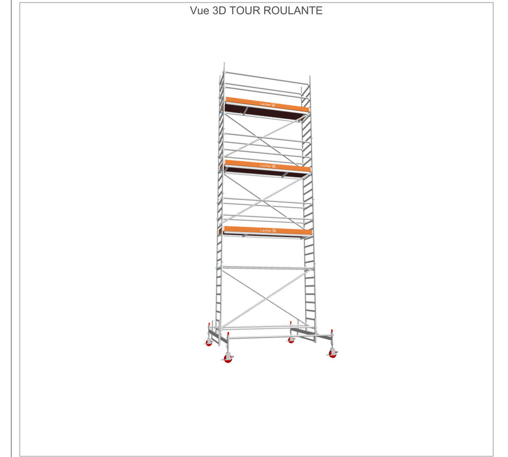 Vue 3D d'une tour roulante d'échafaudage, plan technique Layher